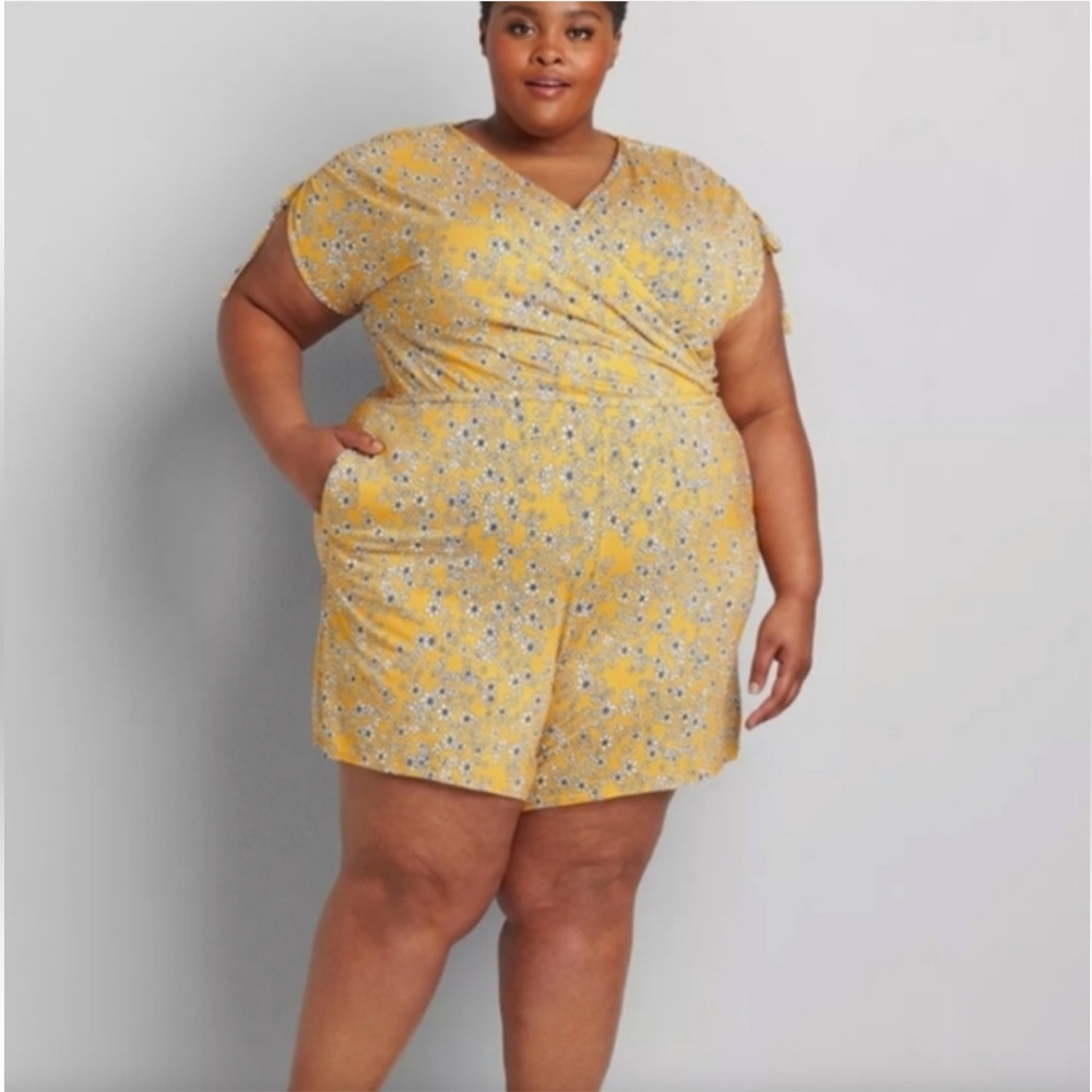Lane Bryant Yellow Floral Drawstring Cap-sleeve Crossover Romper Sz 18/20